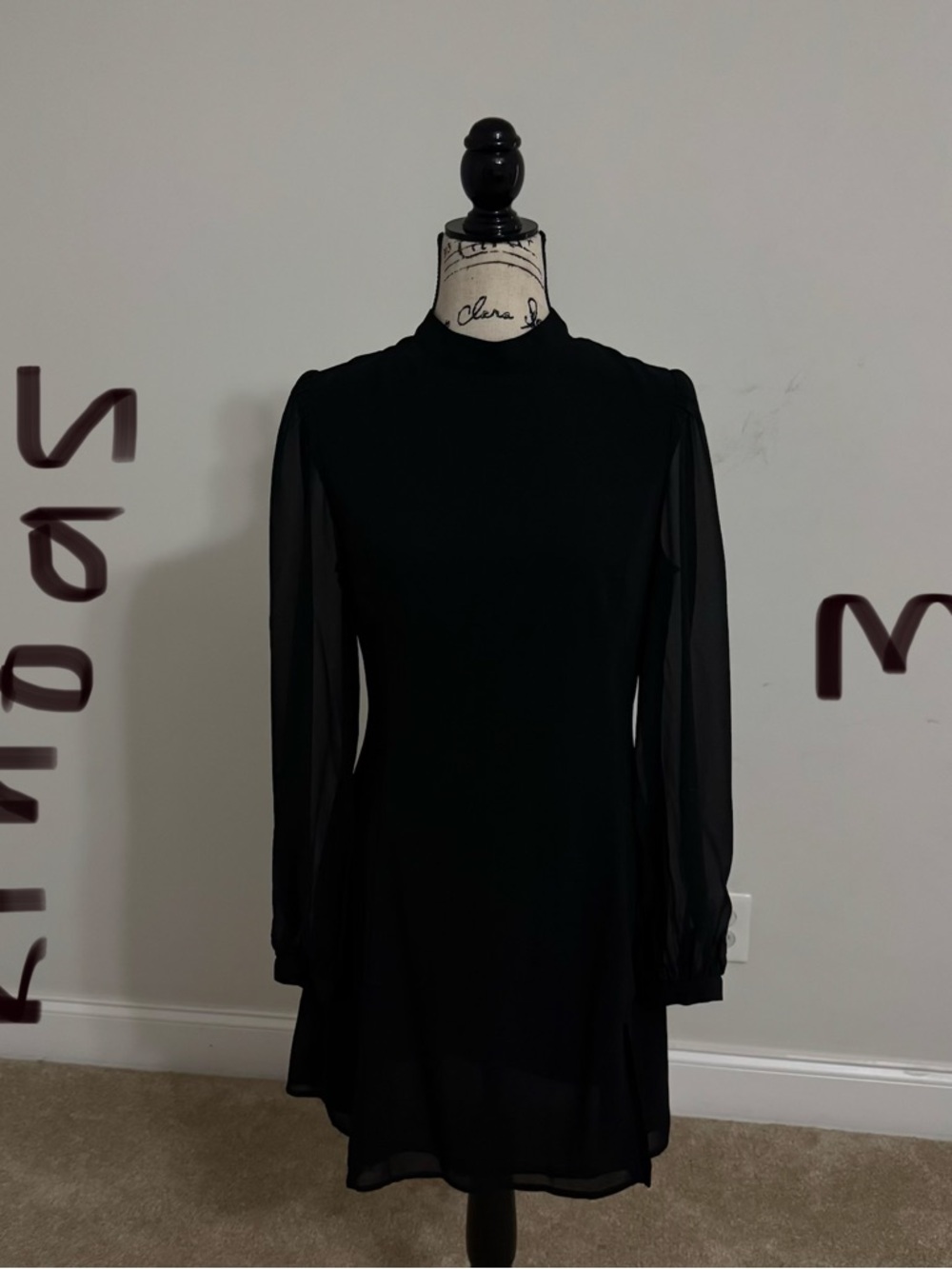 RIHOAS Black Midi Dress with Sheer Long Sleeves